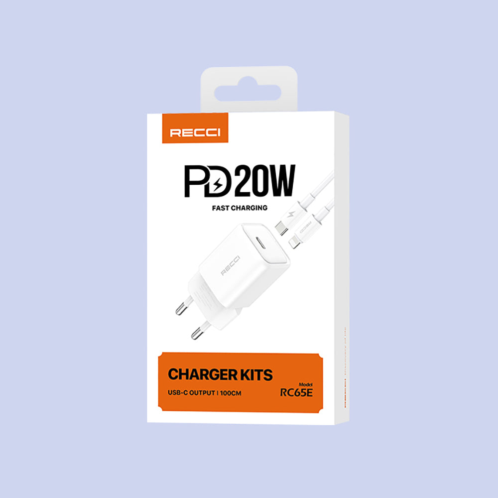 Recci RC65E Hızlı Şarj Başlığı Type-C to Lightning PD 20W Kablolu Şarj Seti Recci RC65E Hızlı Şarj Başlığı Type-C to Lightning PD 20W Kablolu Şarj Seti